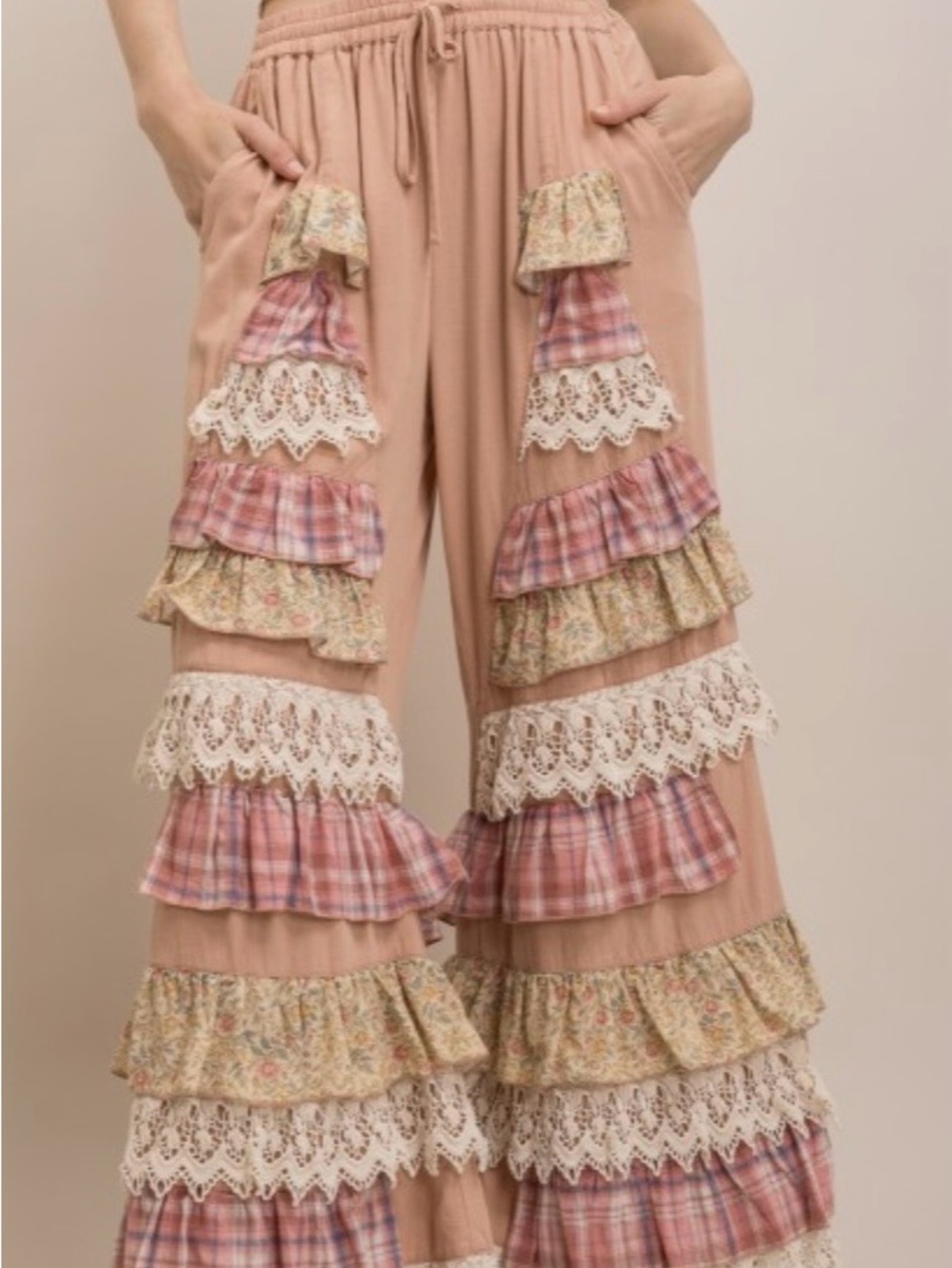 Boho Tiered Ruffle Wide-Leg Pants in Dusty Rose - Picture 2 of 10